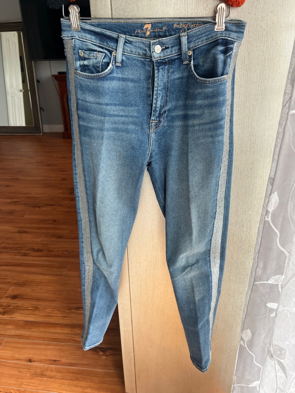 7 For All Mankind Blue Washed Skinny Jeans with Silver Side Stripe